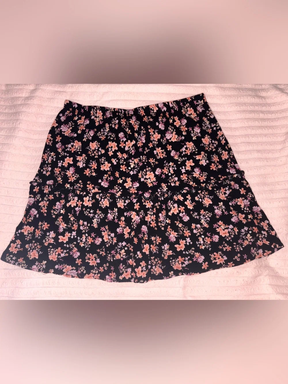Black Floral Mini Skirt with Pink Accents